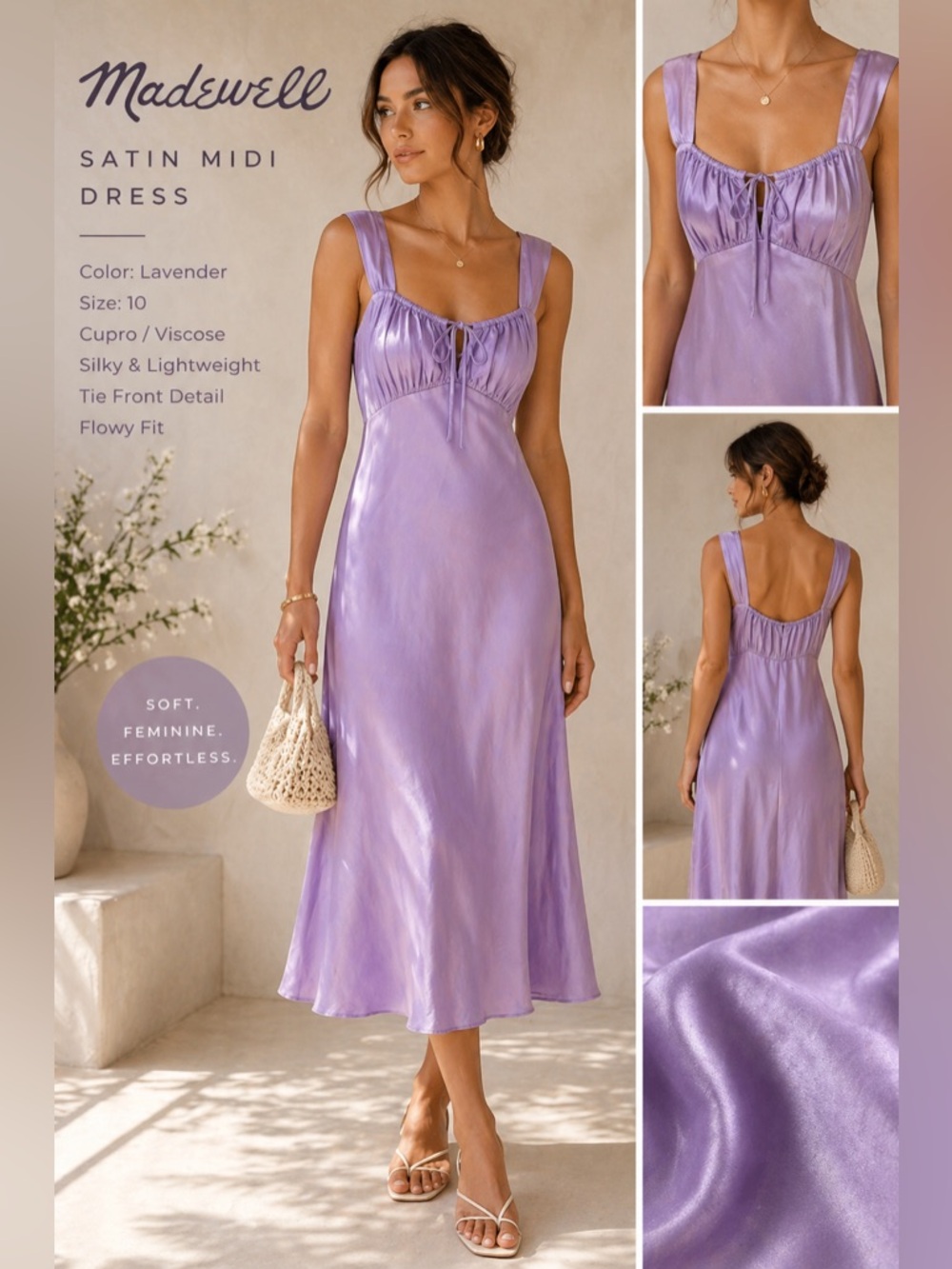 Madewell Lavender Satin Midi Dress Size 10 Tie Front Slip Dress Purple Silky